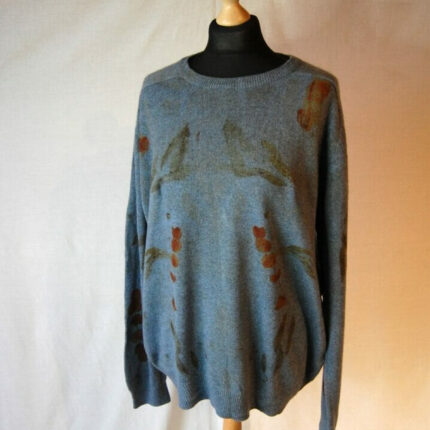 Pure wool blue round neck XL mens jumper eco printed with two species of eucalyptus