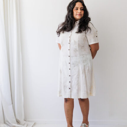 LIght short sleeved white cotton dress eco printed with subtle grey sycamore leaves