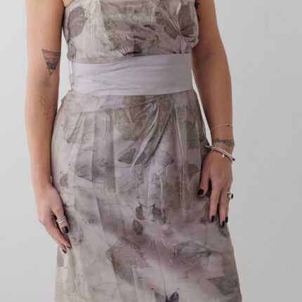 Pale lilac silk buster dress with sash. Eco printed with grey sycamore and rose leaf prints