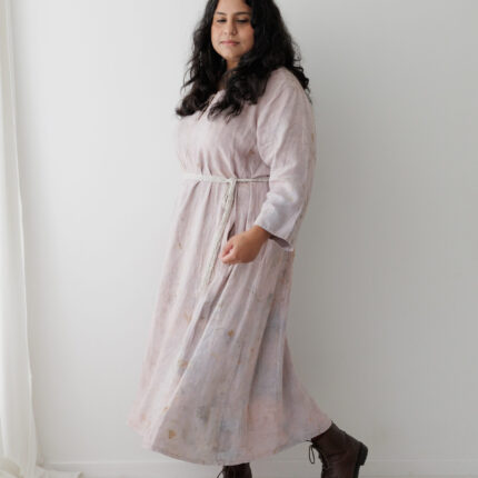 Round neck and long sleeved A line style linen maxi dress. Pale pink with pale lilac cotinus prints and pale brown eucalyptus prints