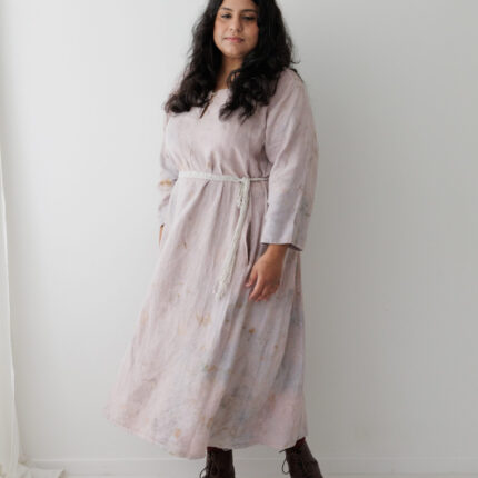 Round neck and long sleeved A line style linen maxi dress. Pale pink with pale lilac cotinus prints and pale brown eucalyptus prints
