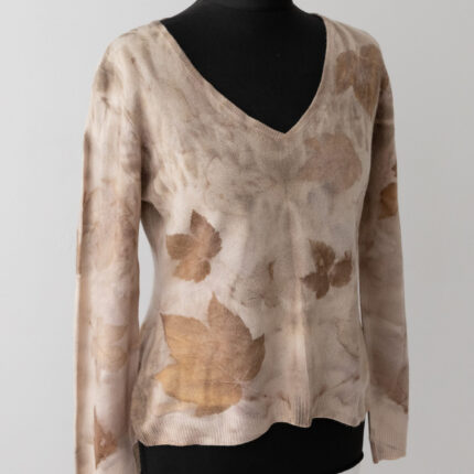 Dark cream cashmere v neck jumper slightly fitted. Eco printed with deep brown eucalyptus leaf prints