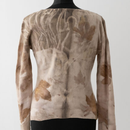 Dark cream cashmere v neck jumper slightly fitted. Eco printed with deep brown eucalyptus leaf prints