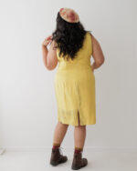 Yellow silk sleeveless dress and matching short sleeved coat eco printed with orange eucalyptus leaves