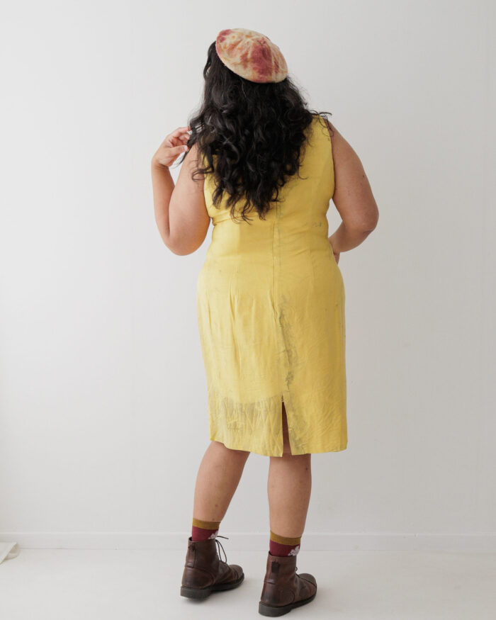 Yellow silk sleeveless dress and matching short sleeved coat eco printed with orange eucalyptus leaves