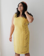 Yellow silk sleeveless dress eco printed with orange eucalyptus leaves