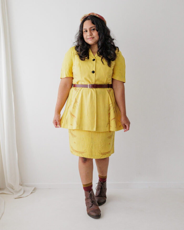 Yellow silk sleeveless dress and matching short sleeved coat eco printed with orange eucalyptus leaves