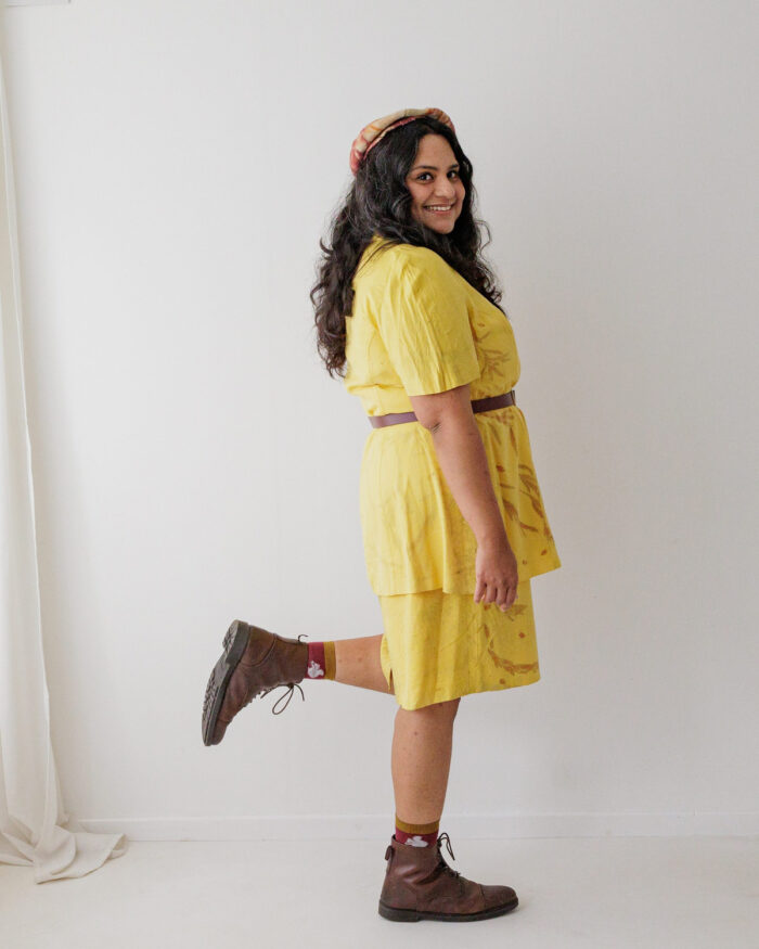 Yellow silk sleeveless dress and matching short sleeved coat eco printed with orange eucalyptus leaves