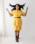 Yellow silk sleeveless dress and matching short sleeved coat eco printed with orange eucalyptus leaves