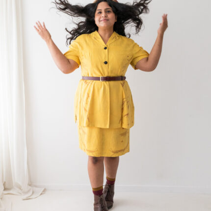 Yellow silk sleeveless dress and matching short sleeved coat eco printed with orange eucalyptus leaves