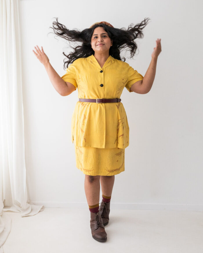 Yellow silk sleeveless dress and matching short sleeved coat eco printed with orange eucalyptus leaves