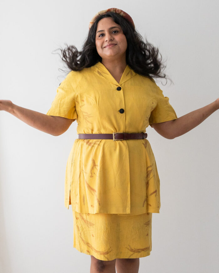 Yellow silk sleeveless dress and matching short sleeved coat eco printed with orange eucalyptus leaves