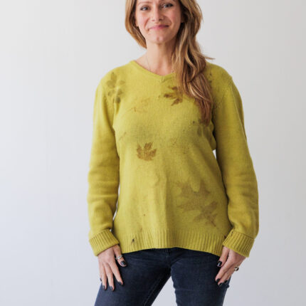 Lime green Upcycled pure wool eco print jumper size small
