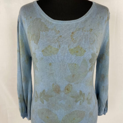 Pale blue round neck lightweight silk/cotton jumper eco printed with yellow sycamore and rose leaves