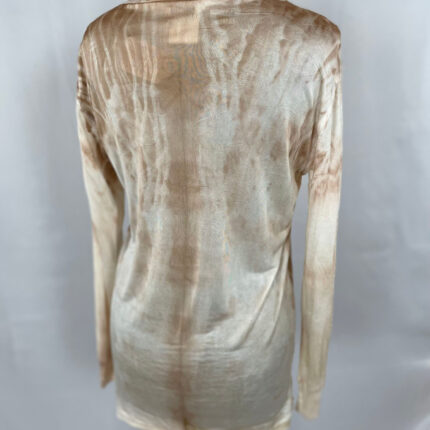 Pure silk jersey eco print top size M/L   Originally manufactured by KJ Originals this cream fine silk jersey top has been subtly printed with sycamore leaves.  This is the perfect top for layering, lightweight and incredibly soft.