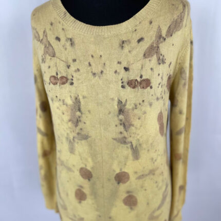 Pure cashmere eco print jumper.  A pale yellow cashmere jumper eco printed with eucalyptus and tea leaves.