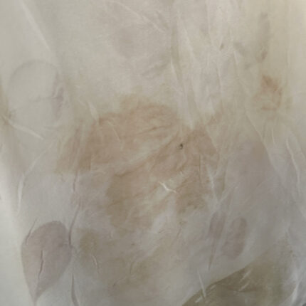 detail of Cream silk chiffon long sleeved blouse with deep lace detail and silk trim neck/bodice. Loose peasant style . Eco printed with subtle grey cotinus and brown sycamore leaves