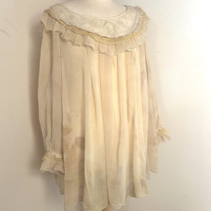 Cream silk chiffon long sleeved blouse with deep lace detail and silk trim neck/bodice. Loose peasant style . Eco printed with subtle grey cotinus and brown sycamore leaves